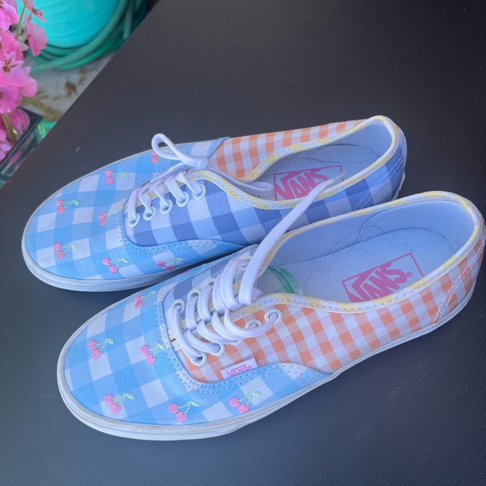 Vans Gingham Cherry Low-Top Sneakers in Blue and Orange - Picture 1 of 4